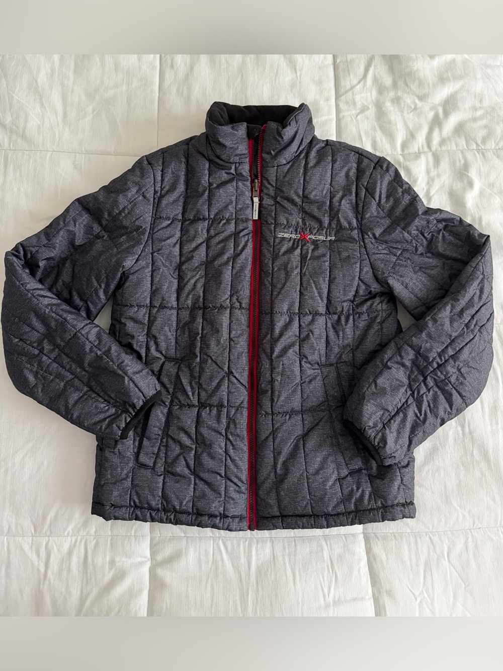 ZeroXposur Boys Quilted Puffer Jacket in Charcoal Gray with Red Trim